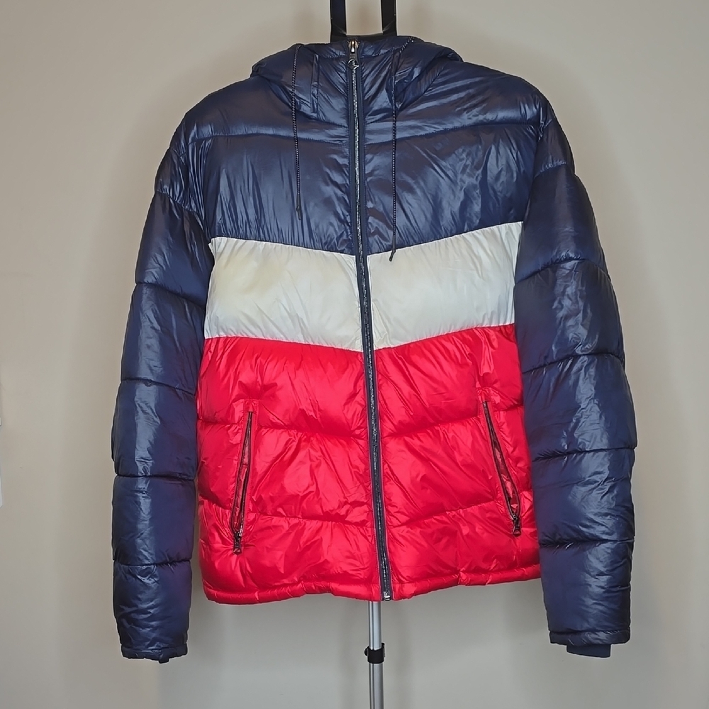 Zara Tri-Tone Puffer Jacket - Navy, White, and Red